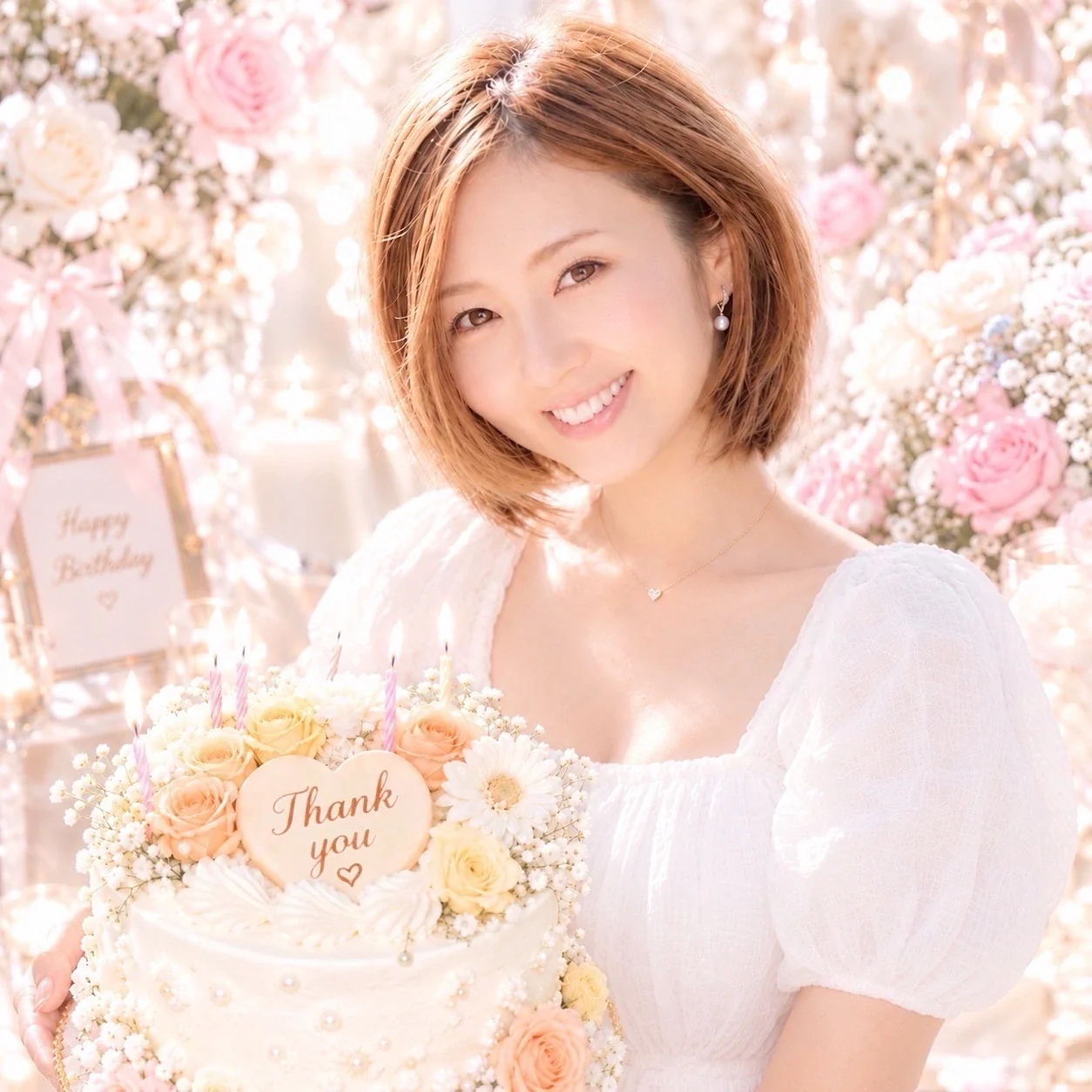 花とやわらかな光に囲まれ、Thank youのケーキを持って微笑むMei